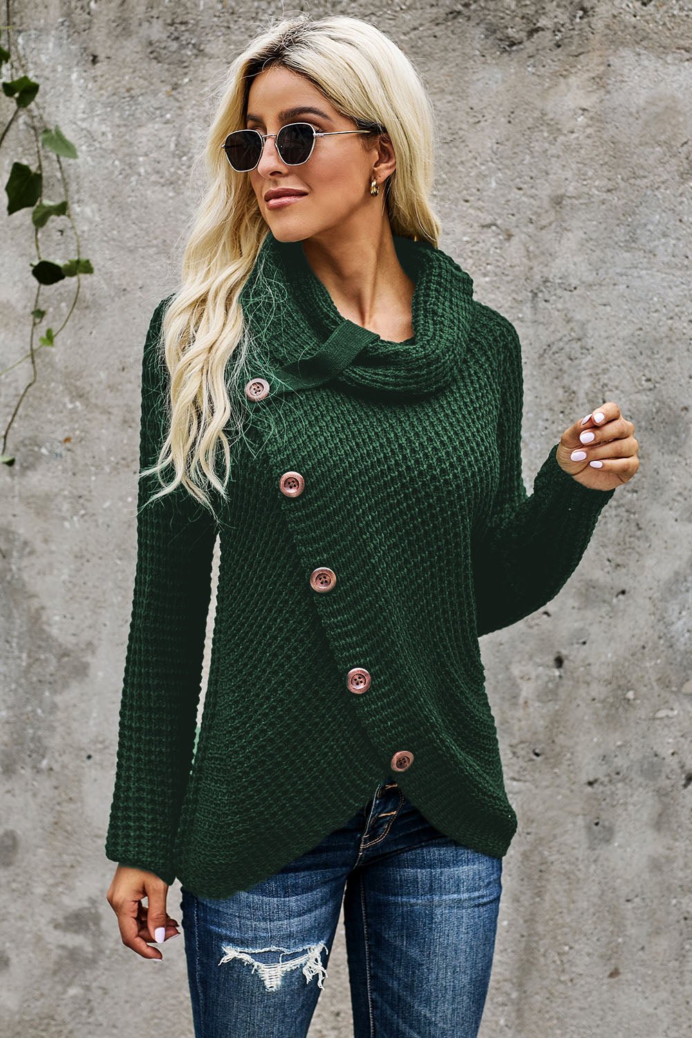 Olive Green Buttoned Wrap Turtleneck Sweater - Wear and Wander