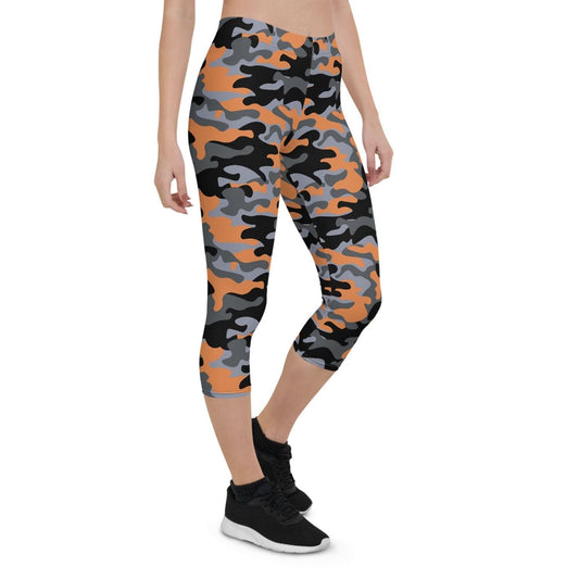 Orange and Gray Camo Capri Leggings for Women - Wear and Wander