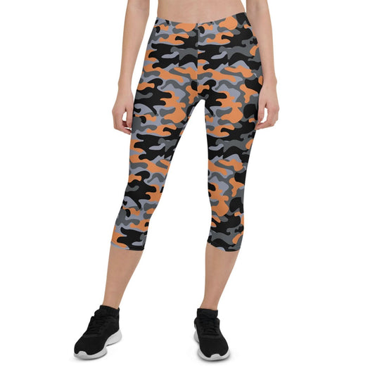 Orange and Gray Camo Capri Leggings for Women - Wear and Wander