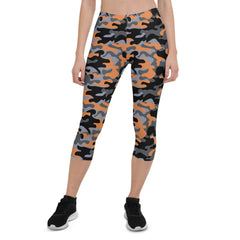Orange and Gray Camo Capri Leggings for Women - Wear and Wander