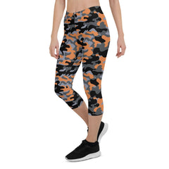 Orange and Gray Camo Capri Leggings for Women - Wear and Wander