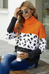 Orange Color Block Turtleneck Splicing Chunky Knit Pullover Sweater - Wear and Wander