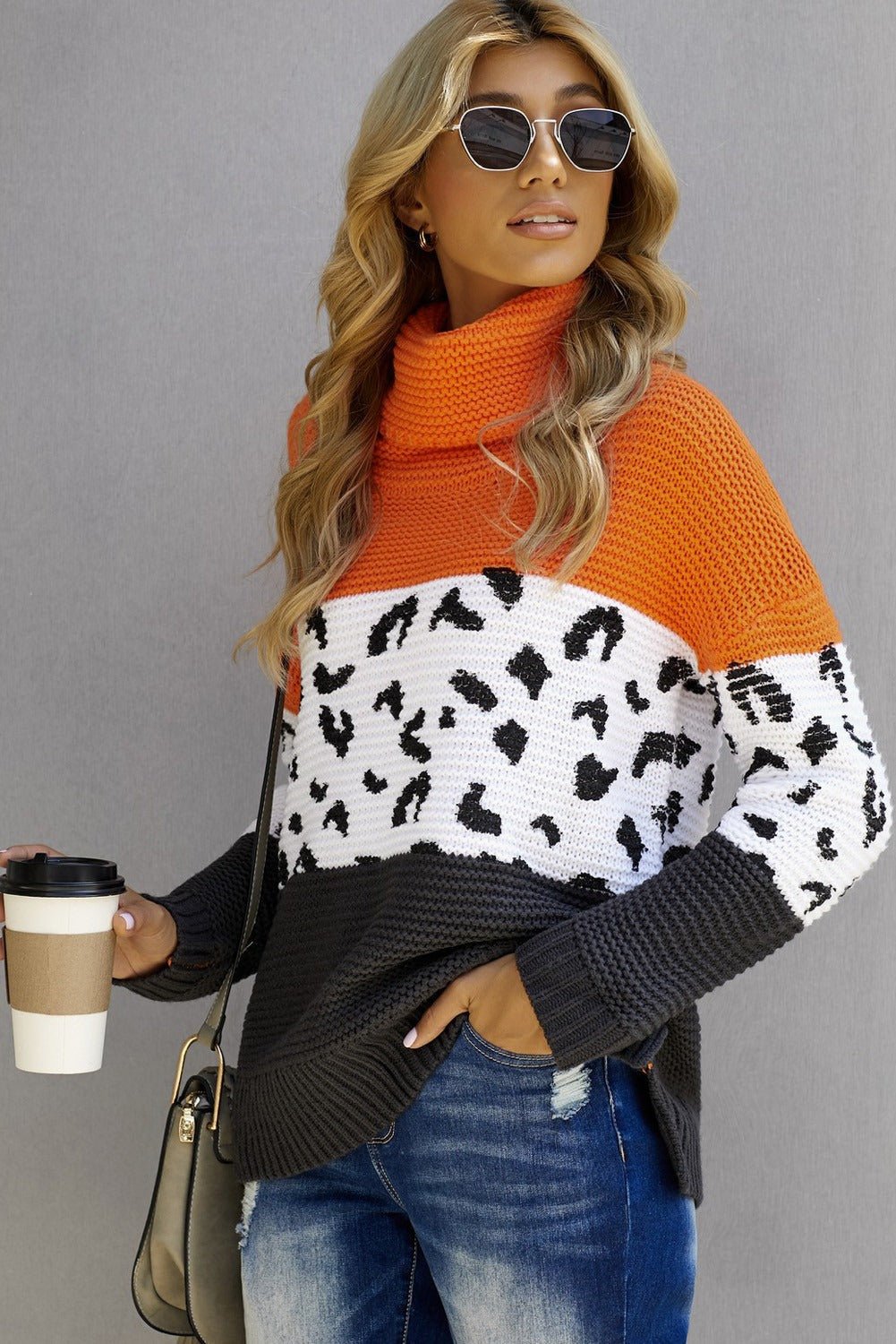 Orange Color Block Turtleneck Splicing Chunky Knit Pullover Sweater - Wear and Wander