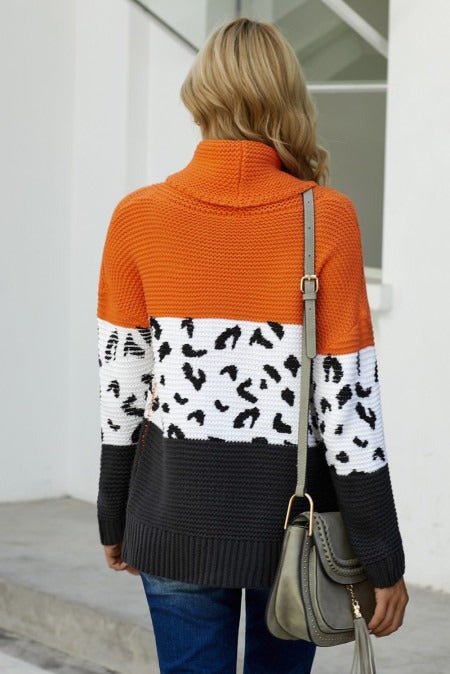 Orange Color Block Turtleneck Splicing Chunky Knit Pullover Sweater - Wear and Wander