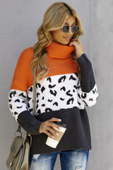 Orange Color Block Turtleneck Splicing Chunky Knit Pullover Sweater - Wear and Wander