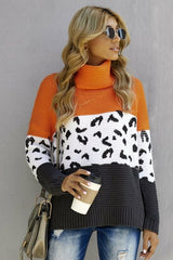 Orange Color Block Turtleneck Splicing Chunky Knit Pullover Sweater - Wear and Wander