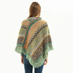 Patchwork Shawl Knitted Striped Print Cardigans Women Poncho Autumn - Wear and Wander