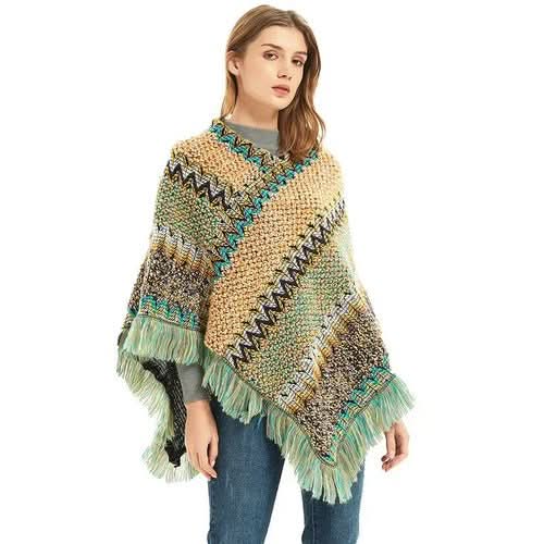 Patchwork Shawl Knitted Striped Print Cardigans Women Poncho Autumn - Wear and Wander