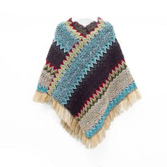 Patchwork Shawl Knitted Striped Print Cardigans Women Poncho Autumn - Wear and Wander