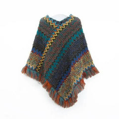 Patchwork Shawl Knitted Striped Print Cardigans Women Poncho Autumn - Wear and Wander