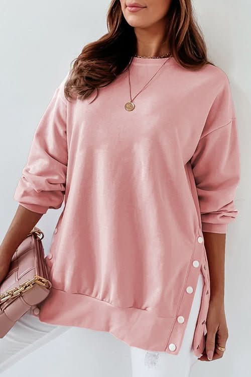 Pink Crew Neck Slit Buttons Sweatshirt - Wear and Wander