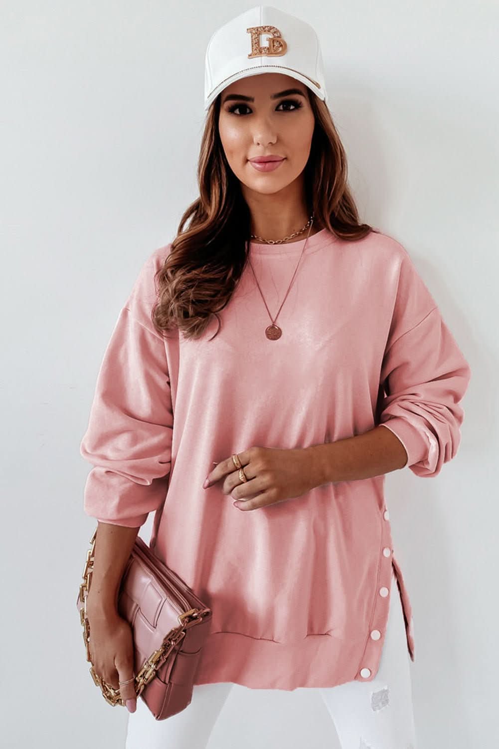 Pink Crew Neck Slit Buttons Sweatshirt - Wear and Wander