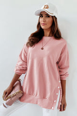 Pink Crew Neck Slit Buttons Sweatshirt - Wear and Wander