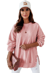 Pink Crew Neck Slit Buttons Sweatshirt - Wear and Wander
