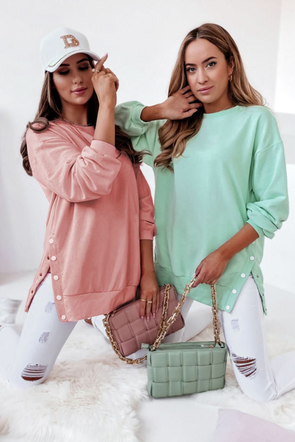 Pink Crew Neck Slit Buttons Sweatshirt - Wear and Wander