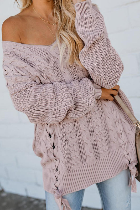 Pink Love Letters Lace Up Cable Knit Sweater - Wear and Wander