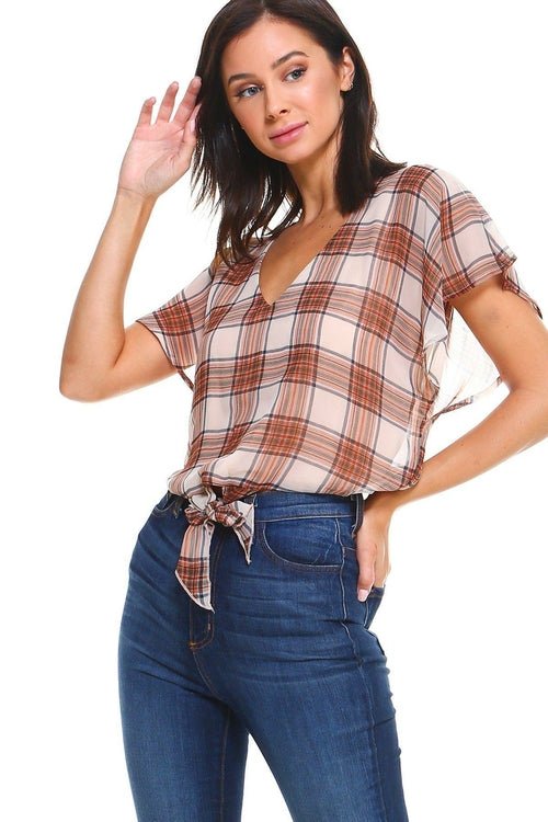 Plaid V - Neck Tie - Front Blouse with Flutter Sleeves - Wear and Wander