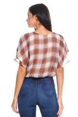 Plaid V - Neck Tie - Front Blouse with Flutter Sleeves - Wear and Wander