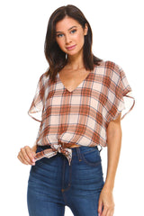 Plaid V - Neck Tie - Front Blouse with Flutter Sleeves - Wear and Wander