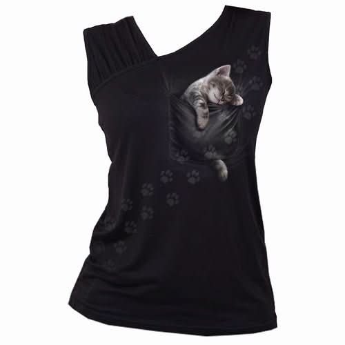 POCKET KITTEN - Gathered Shoulder Slant Vest Black - Wear and Wander