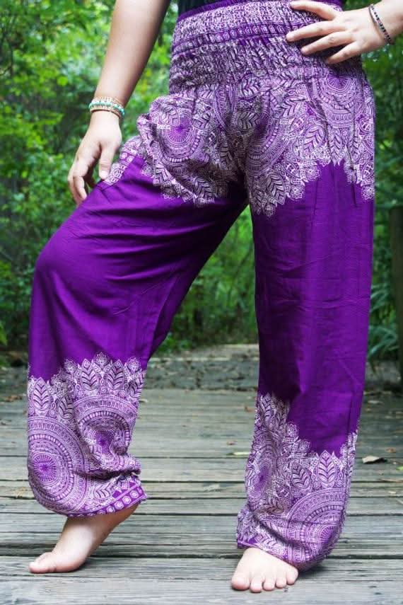 Purple FLORAL Women Boho Pants Hippie Pants Yoga Pants - Wear and Wander