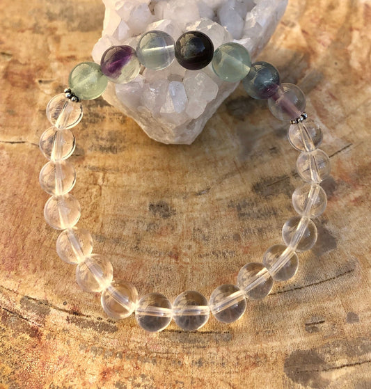 Rainbow Fluorite & Crystal Quartz Stretch Bracelet! Natural Gemstones! - Wear and Wander