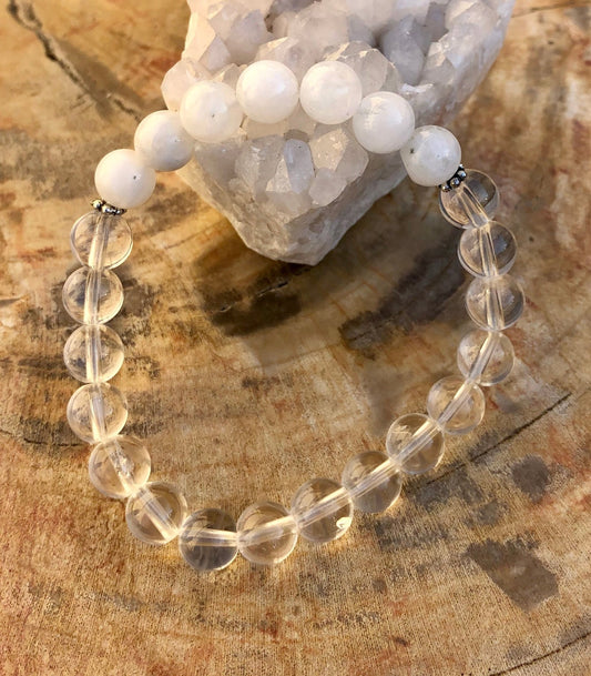 Rainbow Moonstone & Crystal Quartz Stretch Bracelet! Genuine Crystals! - Wear and Wander