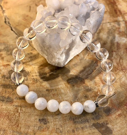 Rainbow Moonstone & Crystal Quartz Stretch Bracelet! Genuine Crystals! - Wear and Wander