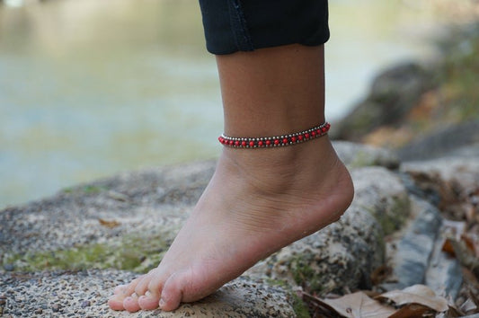 Red Band Boho Silver Anklet - Wear and Wander