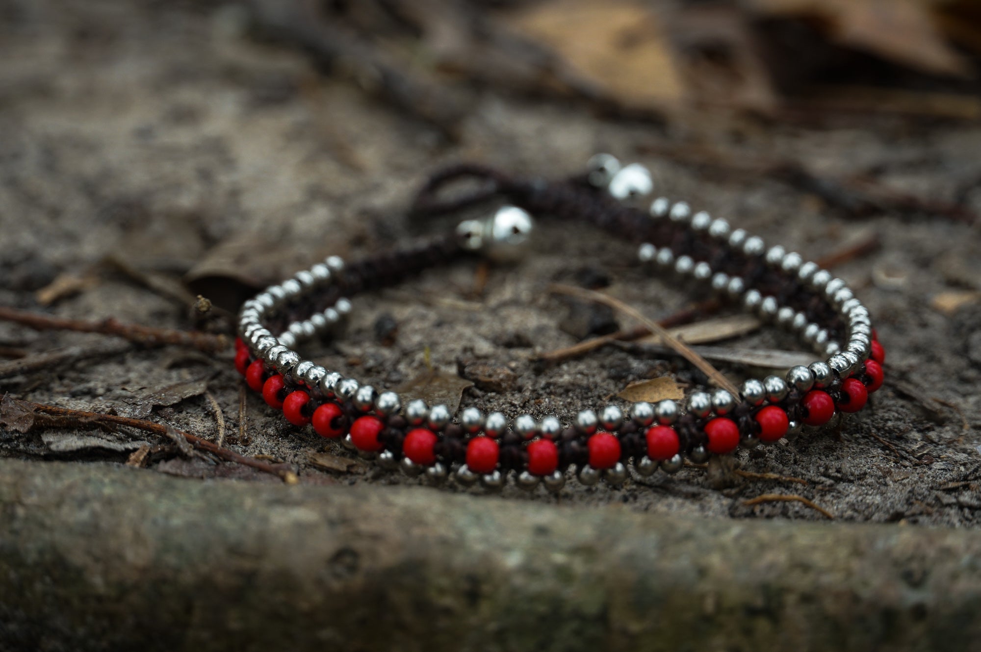 Red Band Boho Silver Anklet - Wear and Wander