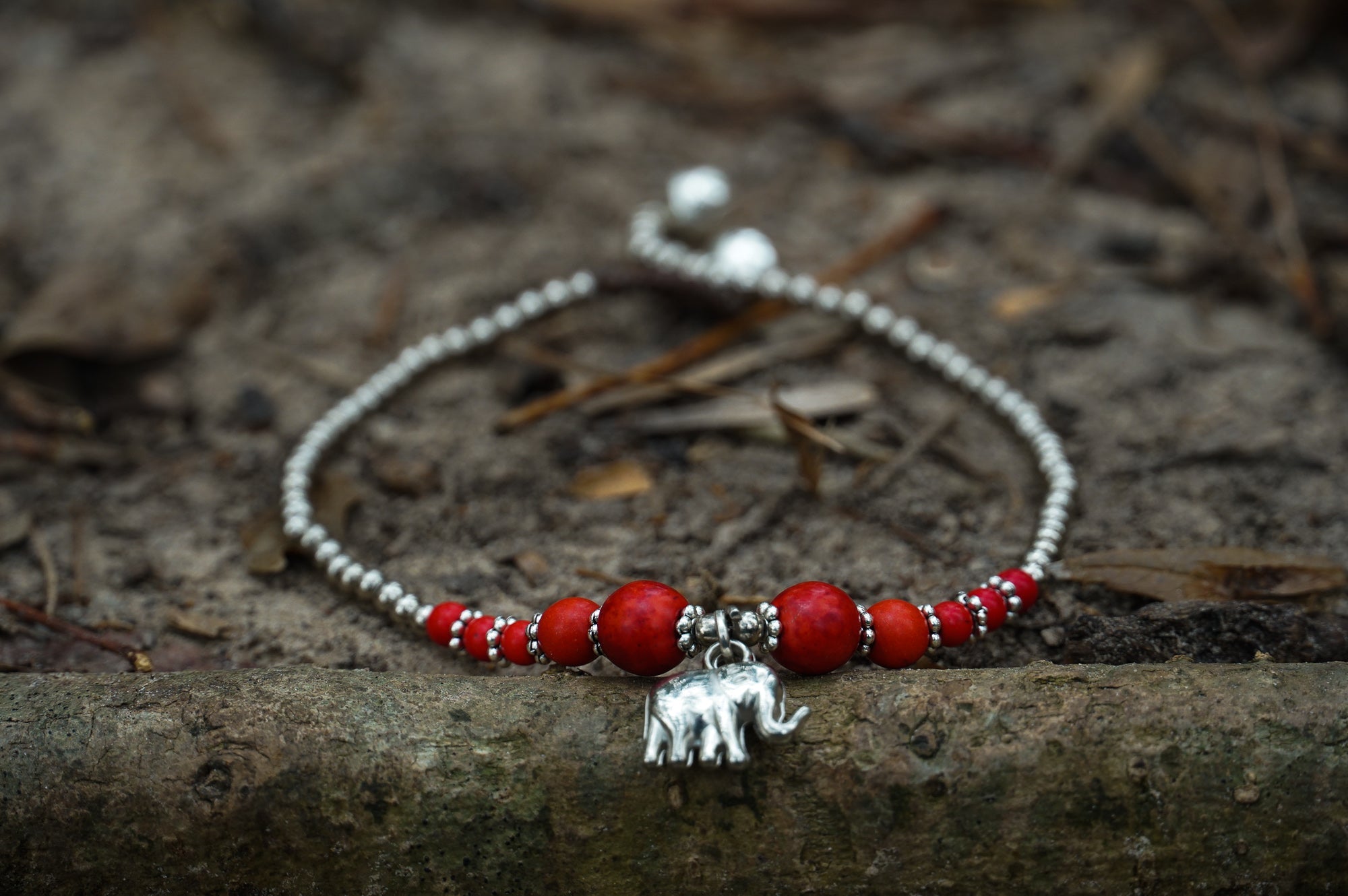 Red Elephant Pendant Boho Silver Anklet - Wear and Wander