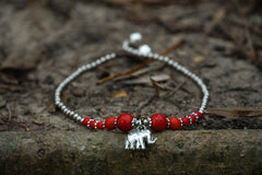 Red Elephant Pendant Boho Silver Anklet - Wear and Wander