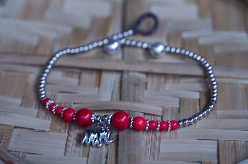 Red Elephant Pendant Boho Silver Anklet - Wear and Wander