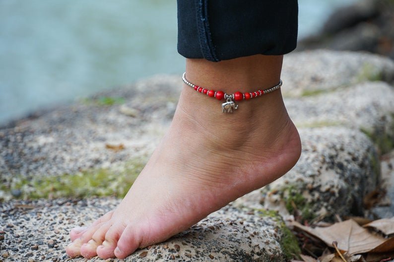 Red Elephant Pendant Boho Silver Anklet - Wear and Wander