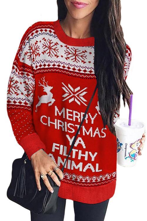 Red Merry Christmas Animal Reindeer Christmas Sweater - Wear and Wander