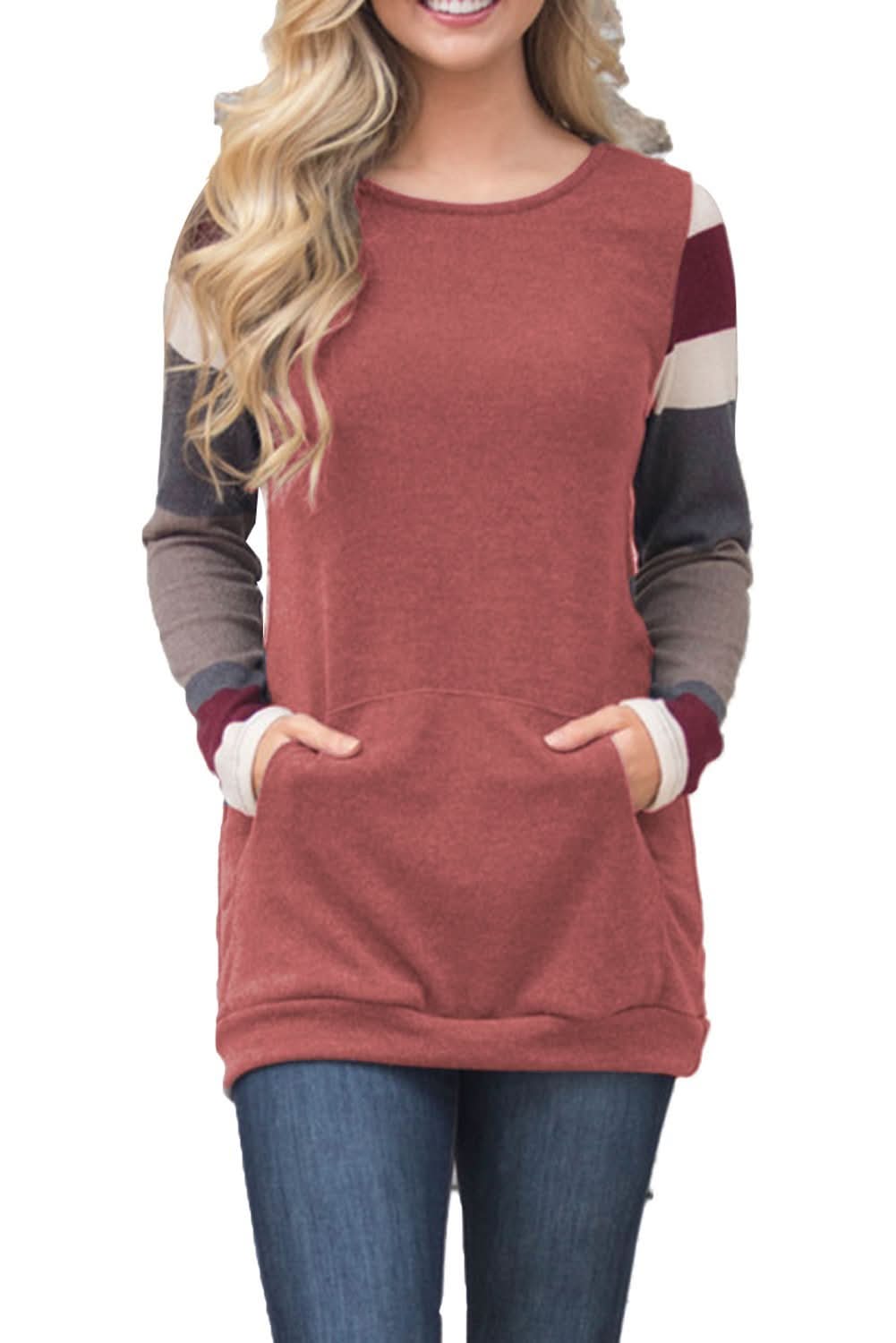 Red Multicolor Stripes Sleeve Pullover Sweatshirt - Wear and Wander