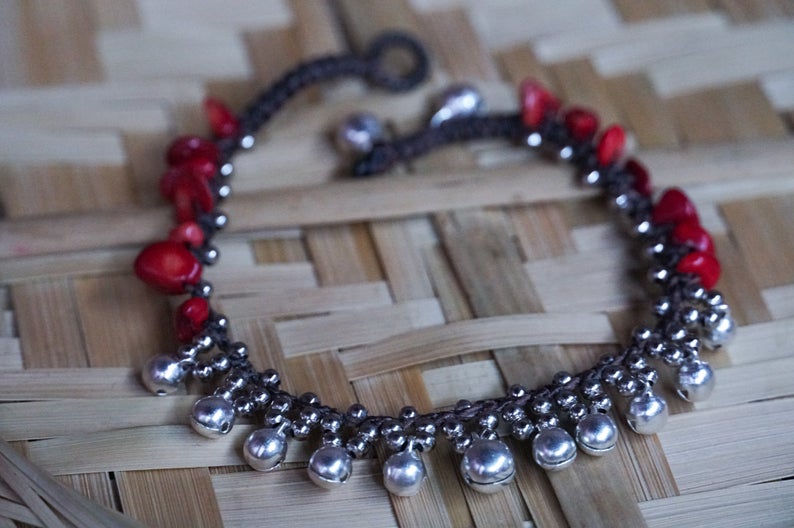 Red Silver Bell Stone Boho Anklet - Wear and Wander