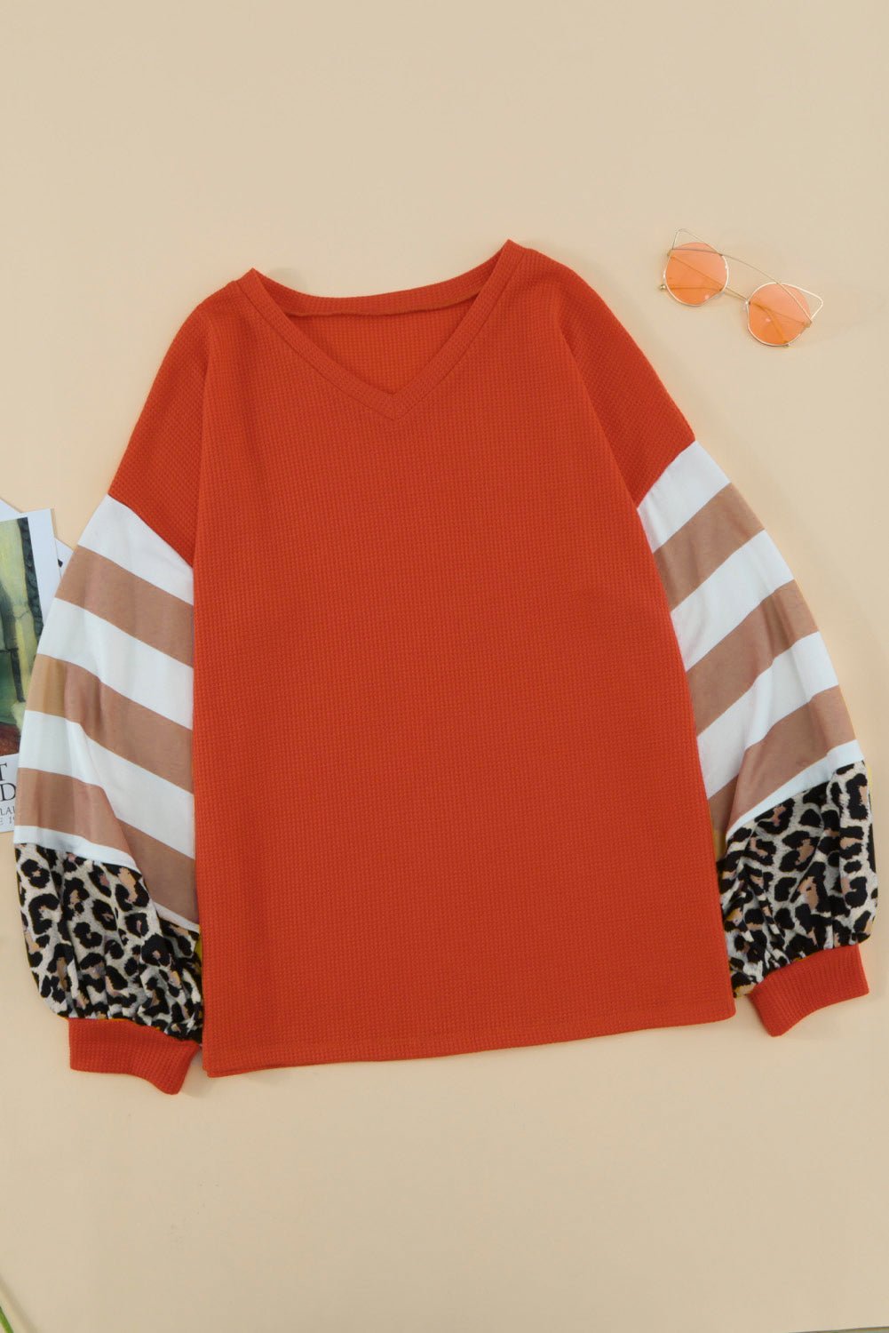 Red V Neck Lantern Sleeve Leopard Stripe Splice Long Sleeve Top - Wear and Wander