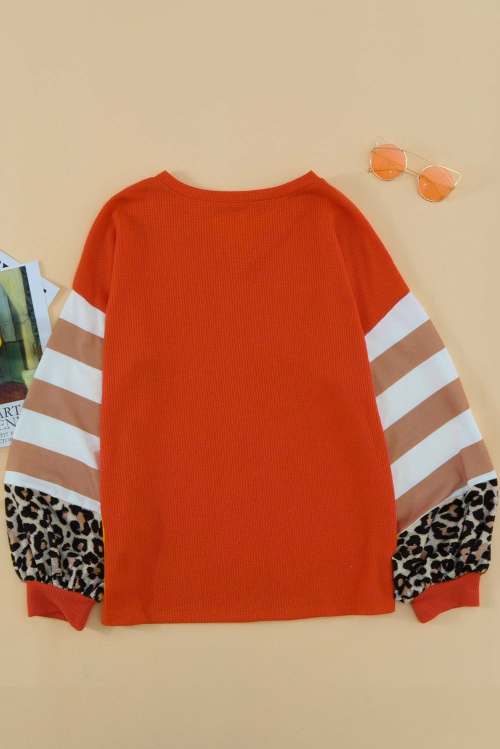 Red V Neck Lantern Sleeve Leopard Stripe Splice Long Sleeve Top - Wear and Wander