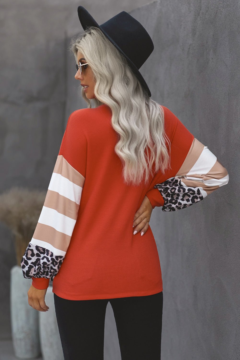 Red V Neck Lantern Sleeve Leopard Stripe Splice Long Sleeve Top - Wear and Wander