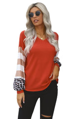 Red V Neck Lantern Sleeve Leopard Stripe Splice Long Sleeve Top - Wear and Wander