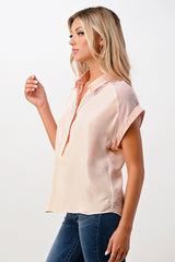 Rolled Sleeve Button - Up Satin Blouse - Wear and Wander