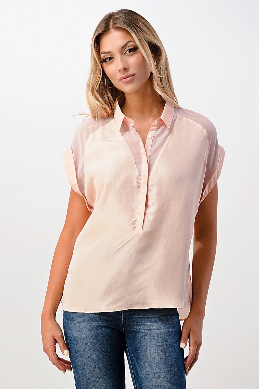 Rolled Sleeve Button - Up Satin Blouse - Wear and Wander