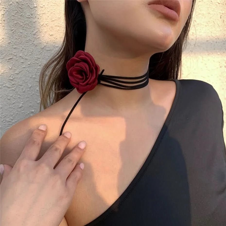 Romantic Gothic Big Rose Flower Clavicle Chain Necklace for Women Ladies Korean Fashion Adjustable Rope Choker Y2K Accessories - Wear and Wander
