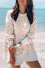 Round Neck Long Sleeve Apricot Leopard Print Loose Fit Sweatshirt - Wear and Wander