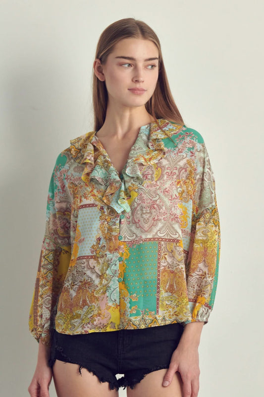 Ruffled V - Neck Patchwork Blouse - Wear and Wander
