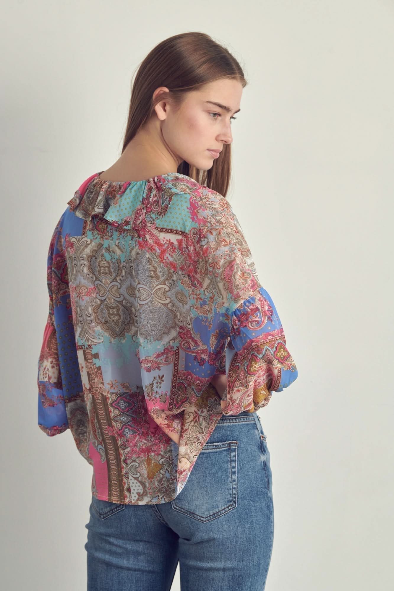 Ruffled V - Neck Patchwork Blouse - Wear and Wander