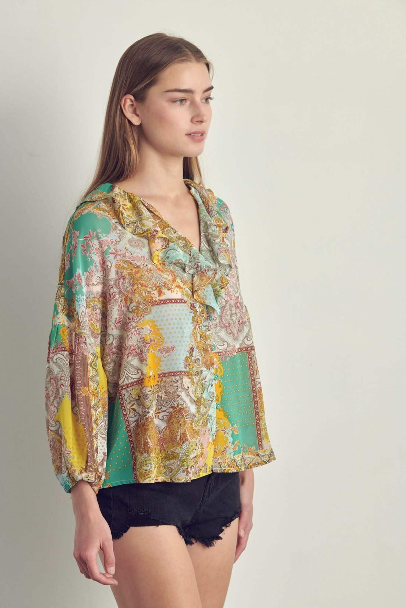 Ruffled V - Neck Patchwork Blouse - Wear and Wander
