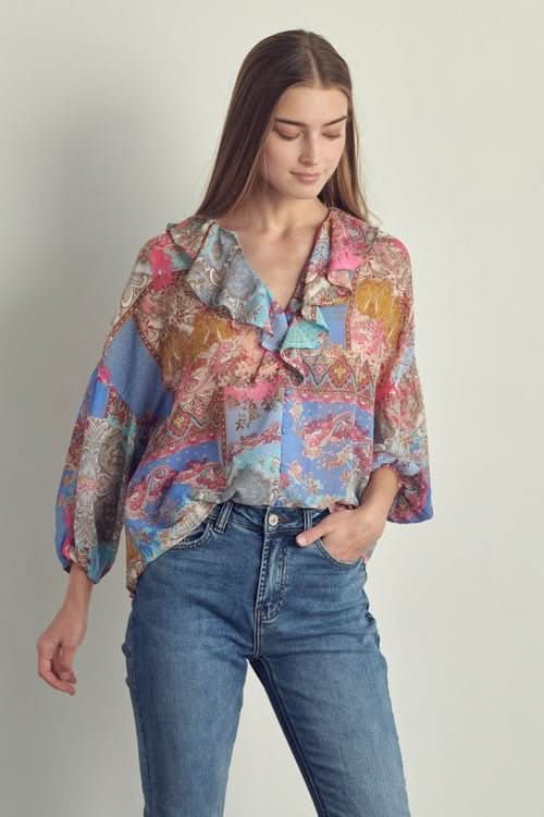 Ruffled V - Neck Patchwork Blouse - Wear and Wander