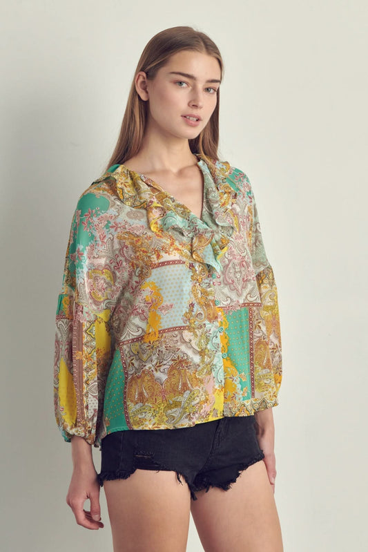 Ruffled V - Neck Patchwork Blouse - Wear and Wander